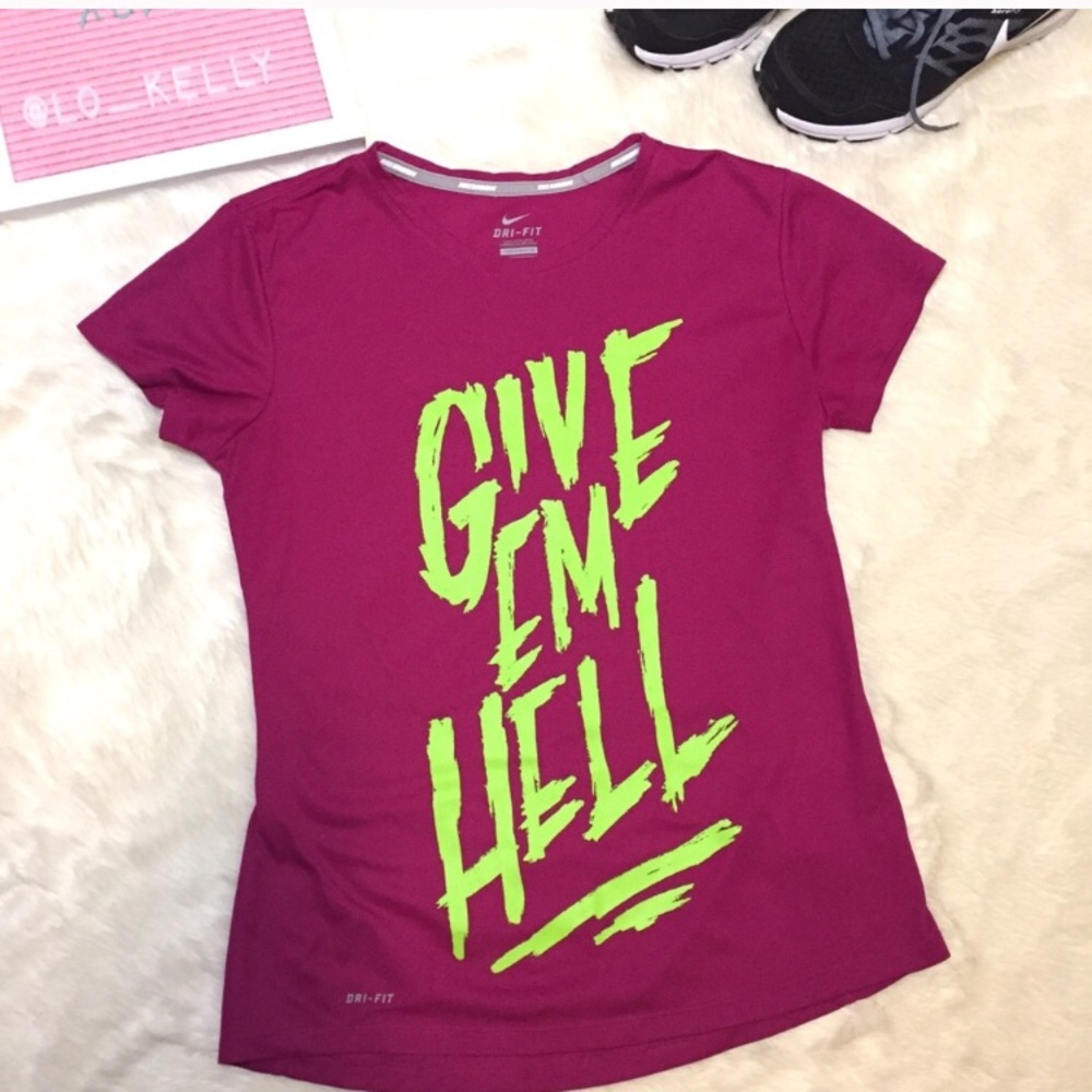 Nike Dri-Fit Give Em Hell Graphic Tee T-Shirt Raspberry Pink Lime Green Slogan